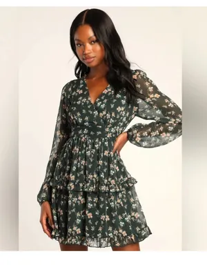 Lulu's Dark Cottagecore Green Floral Print Long Sheer Sleeves Mini Dress Medium thumbnail 11