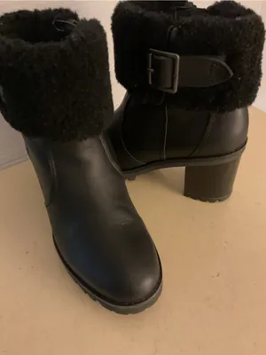 UGG women Black leather shearling platform waterproof heel boots US 7.5 thumbnail 1