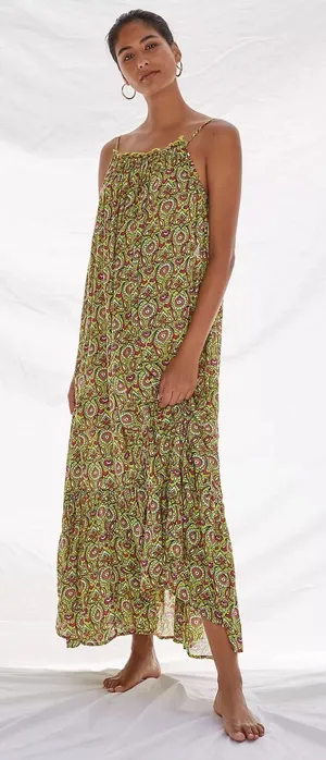 By Anthropologie Flounced Maxi Lounge Dress Citron Paisley Modal M Boho thumbnail 1