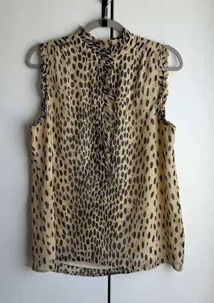 J. Crew Beige Sleeveless Ruffle Tie-Neck Top with Black Spot Print thumbnail 1