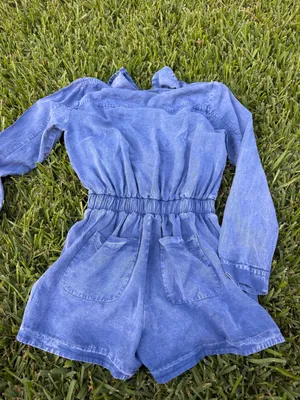 Blue Chambray Button Front Collared Romper Elastic Waist Size S thumbnail 5