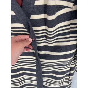 Domani Knits Womens Long Coat Striped Knit Button Front Gray Cream Large thumbnail 3