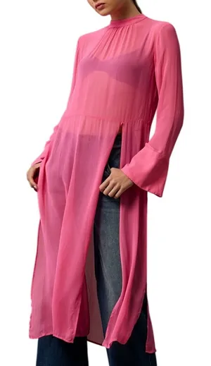 NWT Anthropologie‎ Womens Long Sleeve Sheer Tunic Dress Pink Bell Sleeve Size XL thumbnail 1