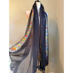 Black Mesh Dupatta Scarf MultiColor Floral Embroidery Mirror Work boho whimsigot thumbnail 2