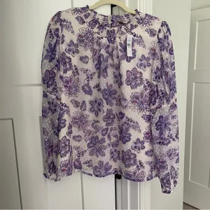 NWT LOFT Floral Smocked Puff‎ Sleeve Ruffle Blue White Blouse thumbnail 2