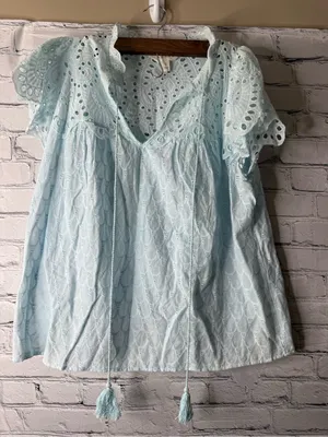 Adiva Blue Eyelet lace ruffle sleeve blouse size large thumbnail 1