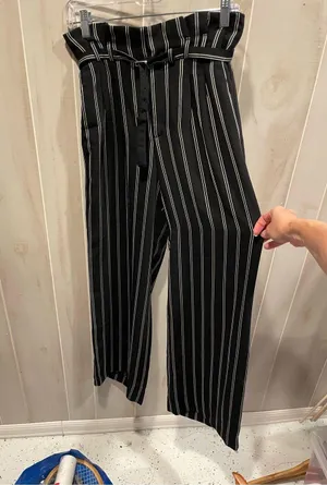 Cute classic flowy stripe paper bag waist belted pants wide leg Express office thumbnail 1