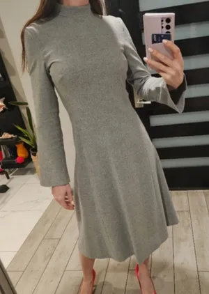 Zara Wool Blend Elegant Gray Women's Dress With Long Sleeve Size Small Midi Leng thumbnail 1