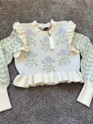 Cream Floral Knit Skirt Set with Ruffle Details thumbnail 5