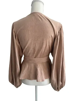 VICI Beige Button Down Faux Suede Belted Long Sleeve Top Sz Large thumbnail 2