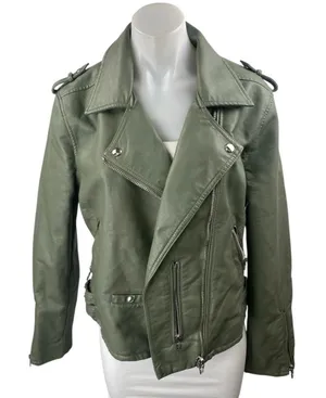 Blank NYC Green Faux Leather Vegan Long Sleeve Biker Motorcyle Jacket Size L thumbnail 1