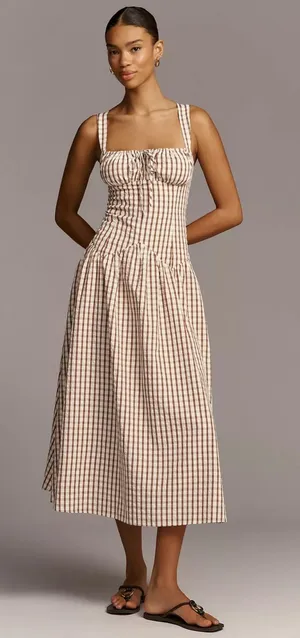 Anthropologie NWT Gingham midi dress Avec Les Filles Ruched Sleeveless Square Neck drop waist thumbnail 1