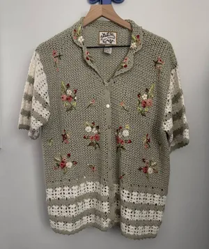 VTG Large Short Sleeve Cardigan Button‎ Up Embroidered Floral Sage Green Crochet thumbnail 1