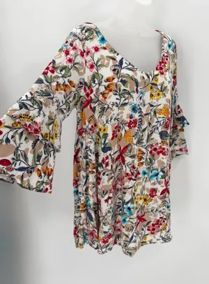 Entro Dress Womens S Floral Tunic Minidress Rayon Ruffle 3/4 Sleeve Cutout Boho thumbnail 3