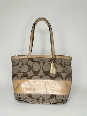 COACH Y2K Vintage Signature Monogram Metallic Tan Leather Stripe Tote Bag Preppy thumbnail 12