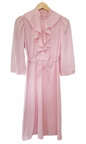 Vintage 70s Pink Ruffle Romantic Prairie Cottagecore Dress Sz S thumbnail 1