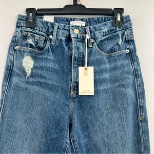 Good American Good Boy Double Slit Jeans 0/25 NWT High Rise BLUE404 Raw Hem thumbnail 3