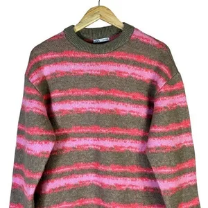 Zara Striped Knit Crewneck Sweater Pink Green Grunge Oversized Size M thumbnail 3