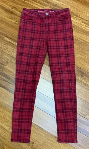 American Eagle Red Black Plaid Hi Rise Jegging Pants‎ Jeans Women's Size 4 Short thumbnail 1