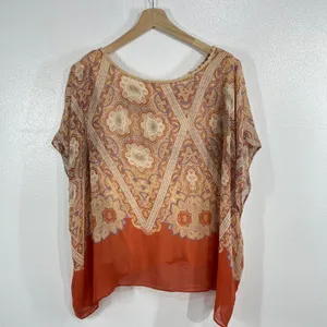 Maeve Anthropologie Nalina 100% Silk Blouse Large Orange Paisley Boho Kimono Top thumbnail 4