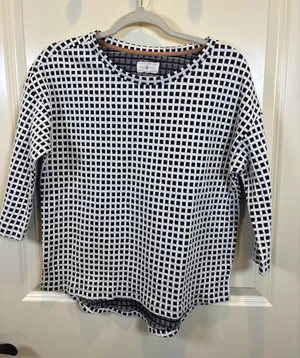 Lou & Grey Black White Grid Pattern Textured Hi-Low Hem Blouse Top Medium Shirt thumbnail 1