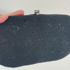 Vtg Beaded Blk Evening Bag Clutch Purse Kiss Lock Hand Made Gypsy Goth Whimsical thumbnail 5