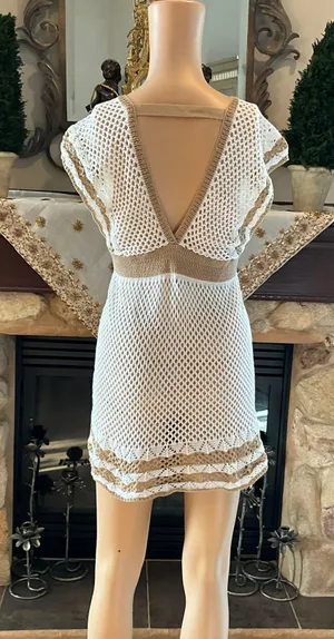 Beautiful White And Tan Beach Cover Up Dress L thumbnail 6