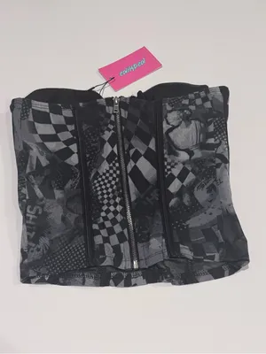 Y2K Mall Goth Checkerboard Mesh Corset Top Edikted NWT XS thumbnail 2