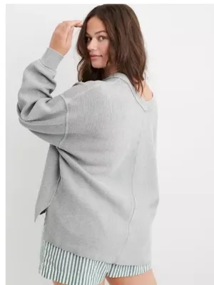 Aerie Wonder Textured Ribbed V-Neck Sweatshirt in Silver Shadow Small thumbnail 6