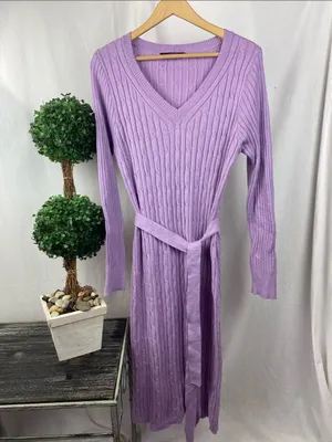 Merokeety Lavender Purple Long Sleeve Knit Ribbed Sweater Dress L thumbnail 2
