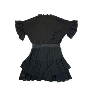Womens Black Ruffle Tiered Mini Dress V-Neck Smocked Waist Flutter Sleeve Large thumbnail 2