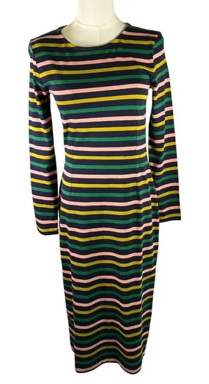 J. Crew Striped Knit‎ Midi Dress Long Sleeve Pink Green Yellow Navy Size 2 New thumbnail 1