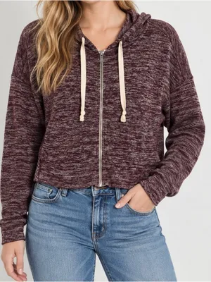 American Eagle Women's Marled burgundy wine red Zip-Front Hoodie crop top small thumbnail 1