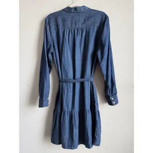 LOFT Chambray Flounce Shirt Dress Tie Waist Long Sleeve Blue Women Large Coastal thumbnail 4