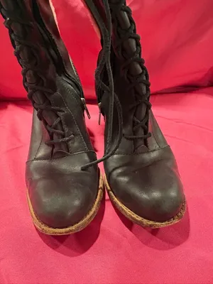 UGG Black Leather Heeled Lace-Up Boots with Cream Shearling Trim thumbnail 2