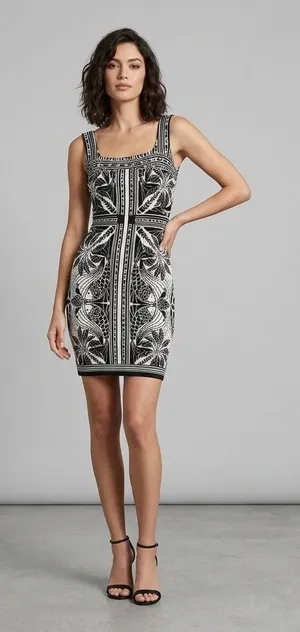 Farm Rio Elegance Scarf Mini Dress Black White Bodycon Geometric Knit Size XS thumbnail 1