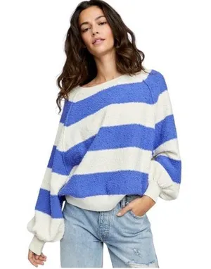 Free People Found My Friend Slouchy Striped Textured Sweater Purple Cream S thumbnail 1