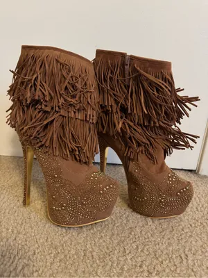 Alba Brown Camel Suede Fringe Boots Gold Studded Platform Stiletto Heel Size 7.5 thumbnail 2