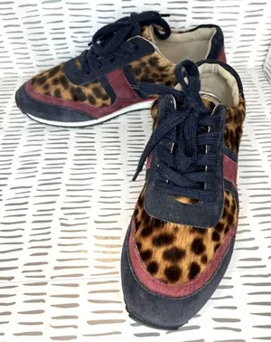 Boden‎ Womens Leopard Calf Hair Suede Sneakers Brown Navy Burgundy Lace Up 37/6 thumbnail 1