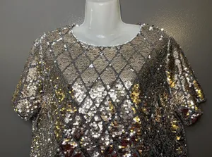 Mi Ami Blouse Womens Medium Gold Sequin Argyle Cropped Top Party Holiday thumbnail 1