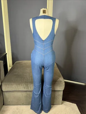 Sleeveless Sexy Blue Denim Jumpsuit Front Zip Slim Fit Retro 70s Flare Size S thumbnail 5