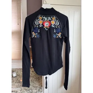 Free People Disco Rose Black Embroidered Folk Floral Mock Neck Top XS thumbnail 3