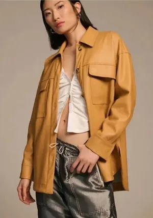 Maeve Tan Camel Tone Faux Leather‎ Oversized Jacket Size XXS thumbnail 1
