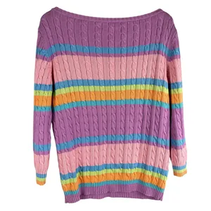 Vintage Lauren by Ralph Lauren Cable Knit Boat Neck Striped Sweater‎ Size Large thumbnail 3