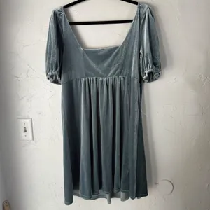 Vyllete Velvet Puff Slv Square Neck Babydoll Dress Teal XL Party Holiday‎ Winter thumbnail 4