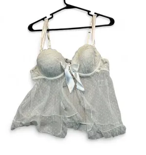 Linea Donatella White polka dot lace babydoll top with bow detail, size M. Nylon & polyester with ruffled hem. #fairycore #coquette thumbnail 1