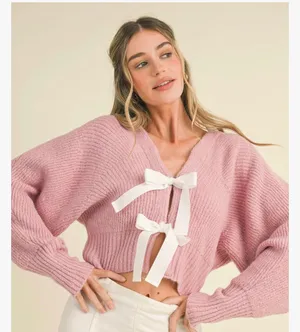 Tie Front Bow Cardigan Pink Size L thumbnail 2