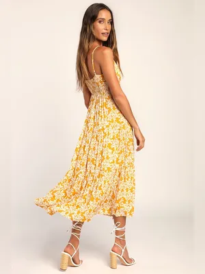 NWT Lulus | Catching Sunrays Mustard Yellow Floral Print Midi Dress, Small thumbnail 2