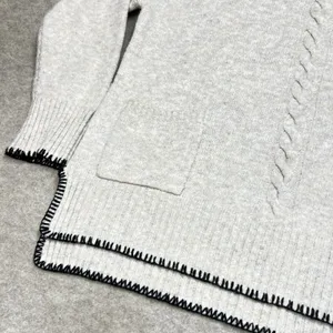 Papillon Womens XL Oatmeal Blanket Stitch‎ Cable Knit Pocket Sweater Minimalist thumbnail 2