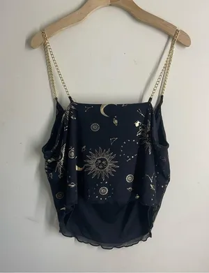 Rue21 Vintage Y2K Celestial Print Cowl Neck Cami Top Chain Straps Black Gold L thumbnail 2